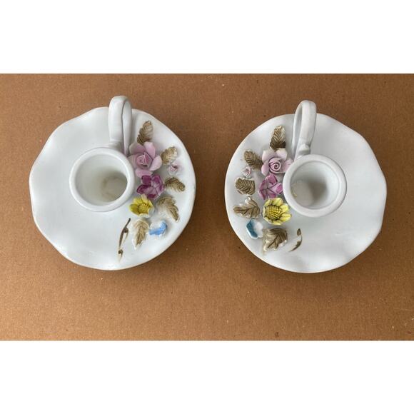 Vtg Unmarked Matte Bisque Porcelain Candle Holder Flowers Ring Handle Lefton 2 - Picture 1 of 8